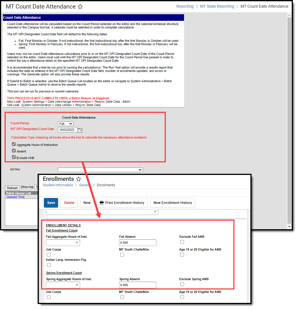 two part screenshot highlighting fields in the editor and corresponding fields in enrollment.