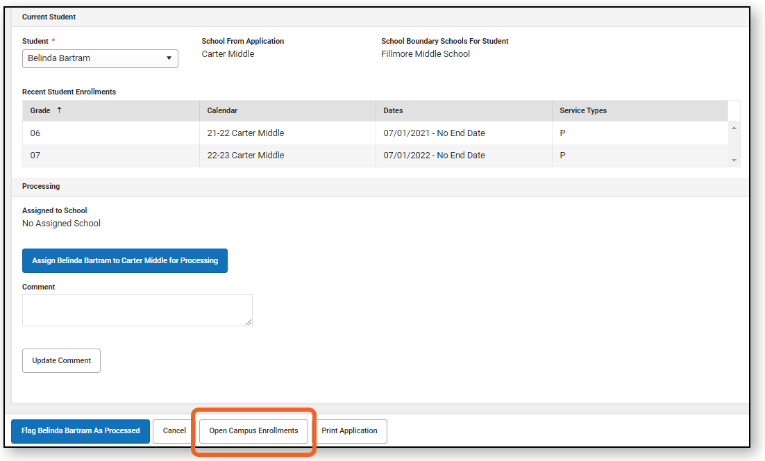 Screenshot showing OLR being processed for a selected student.