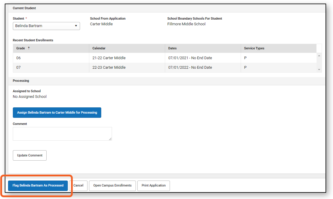 Screenshot showing how to flag a student as processed.