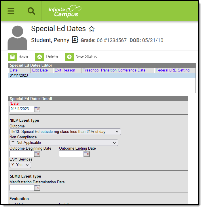 Screenshot of the Special Ed Dates tool.