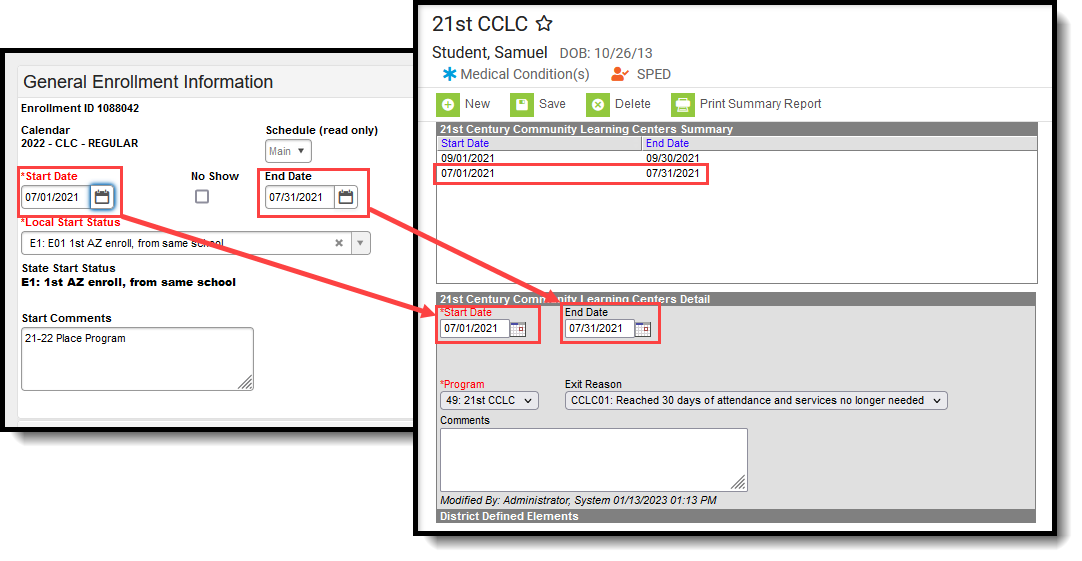 Two-part screenshot highlighting the Start and End Date fields on the student's enrollment record with the start and end date fields on the student's 21st CCLC editor. 