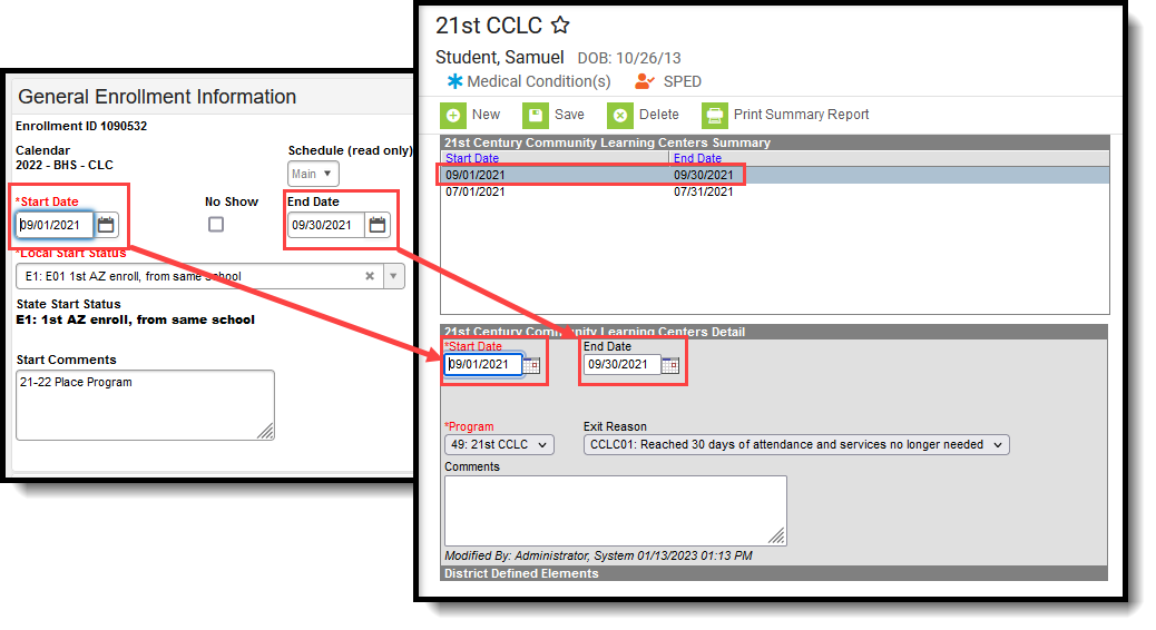 Two-part screenshot highlighting the start and end date fields on the enrollment editor with the start and end date fields on the 21st CCLC editor. 