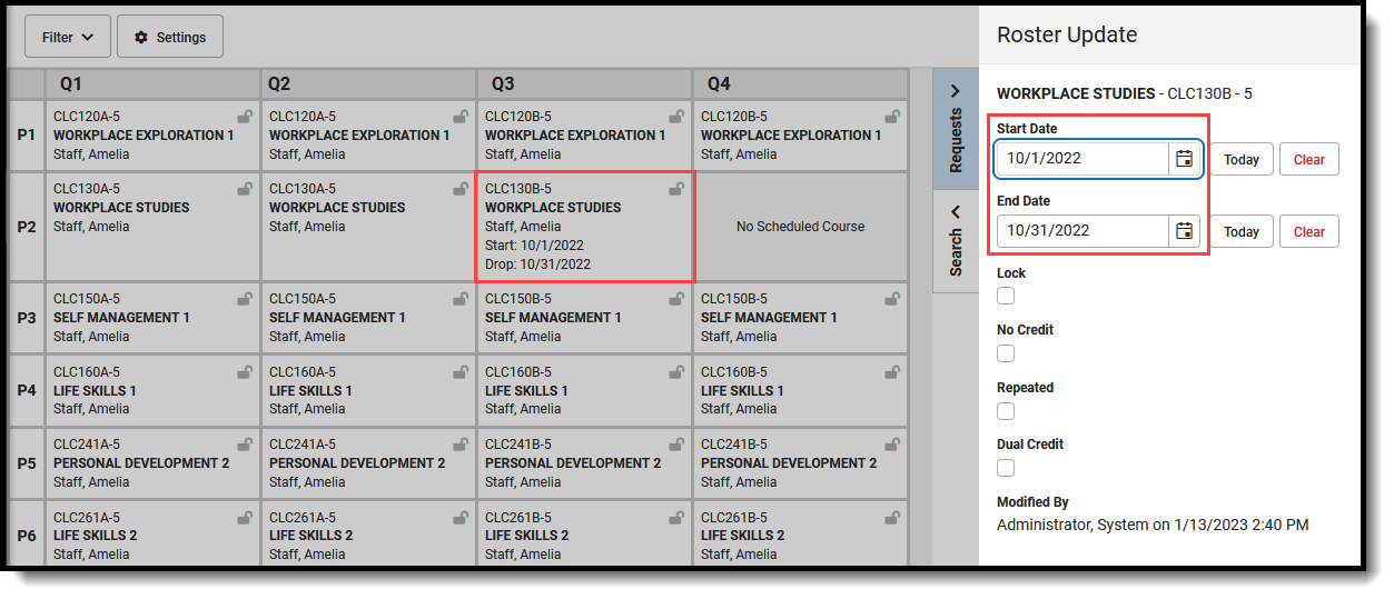 Screenshot of the student's schedule with the Roster Update panel. 