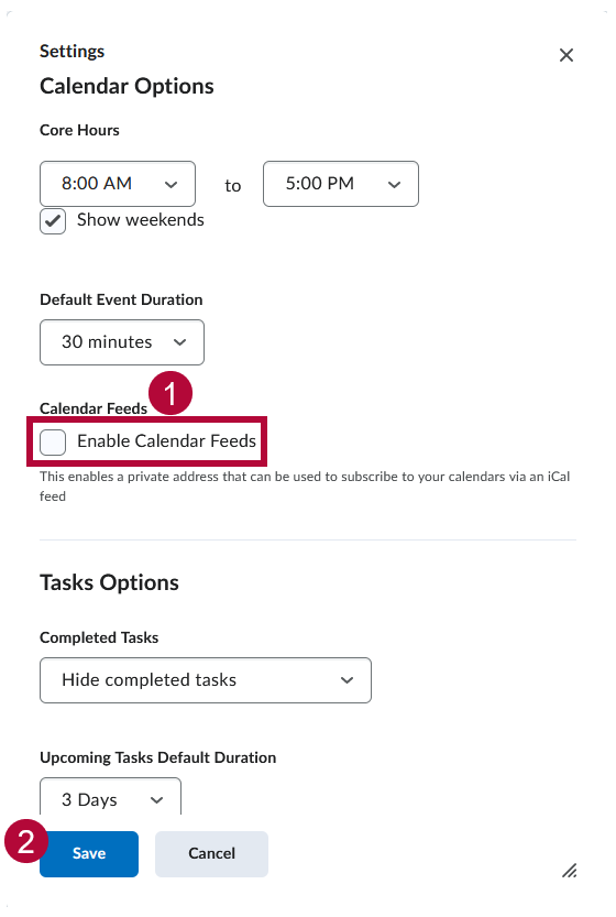 Location of Enable Calendar Feeds Checkbox and Save button in the Calendar Settings Menu
