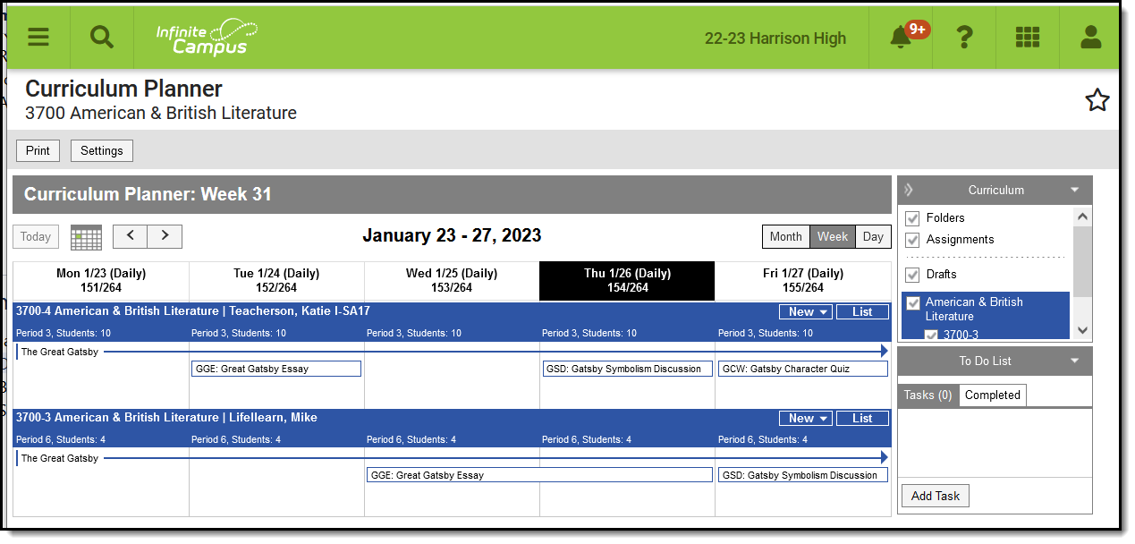 Image of the Curriculum Planner toolScreenshot of the curriculum planner, with curriculum displaying in a calendar view for two sections.  