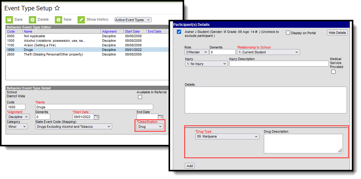 Image showing Event Type Setup editor with an event type selected to show the detail editor, and the Classification field is highlighted to show where that Classification displays on the Participant Details editor. 