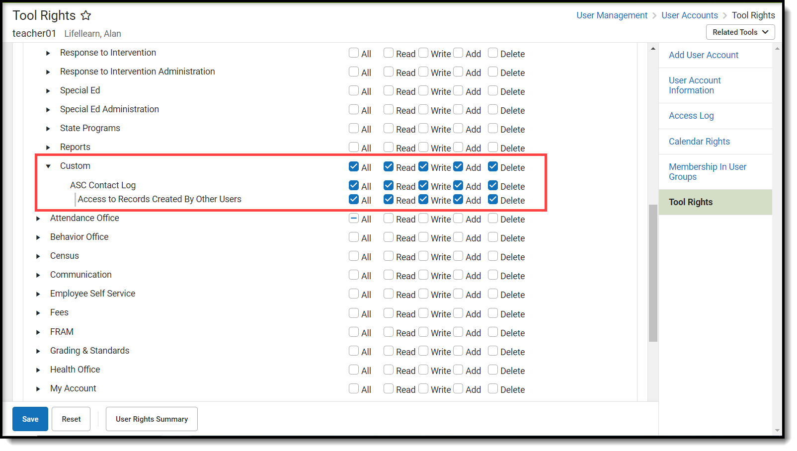 Screenshot of Student Information > Custom Tool Rights for Custom Contact Logs