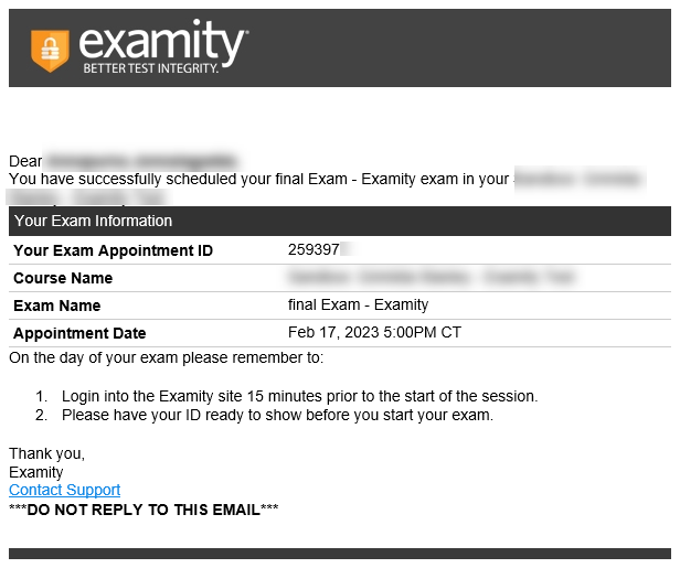 An example Confirmation Email.