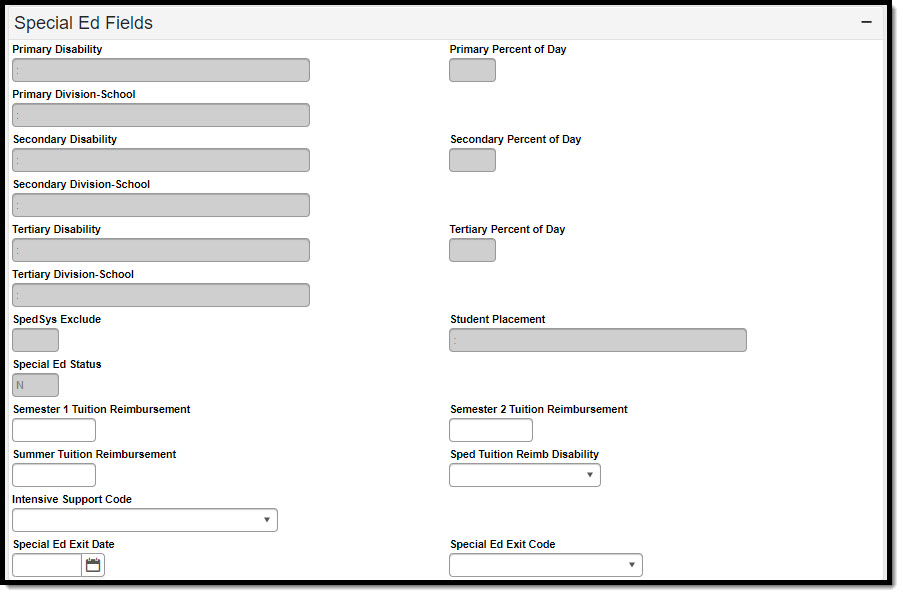 Screenshot of the special education fields.