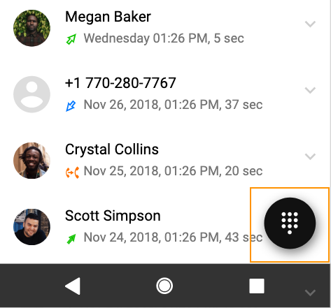 Calls screen showing the Dialpad icon highlighted