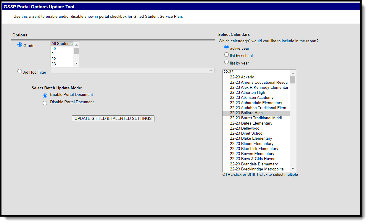 Screenshot of the GSSP Portal Options Update tool.
