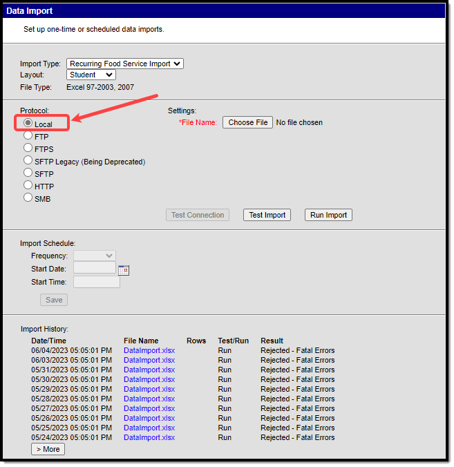 Screenshot indicating the location of the Local protocol on the Data Import editor.