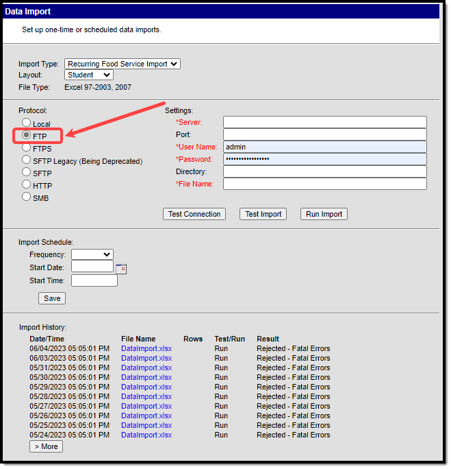 Screenshot indicating the location of the FTP protocol on the Data Import editor