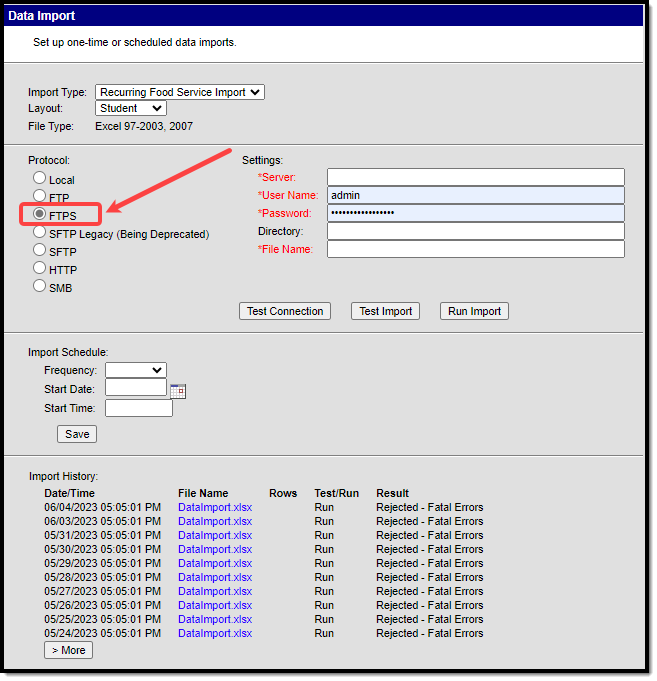 Screenshot indicating the location of the FTPS protocol on the Data Import editor