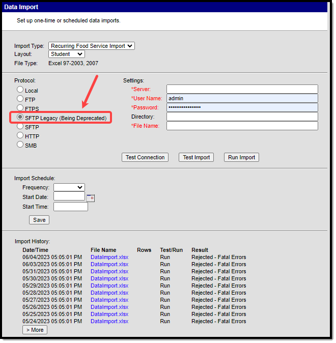Screenshot indicating the location of the SFTPS Legacy protocol on the Data Import editor