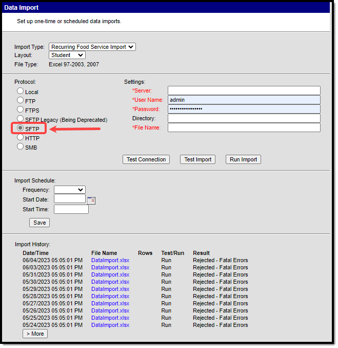 Screenshot indicating the location of the SFTP protocol on the Data Import editor