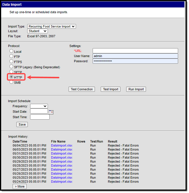 Screenshot indicating the location of the HTTP protocol on the Data Import editor