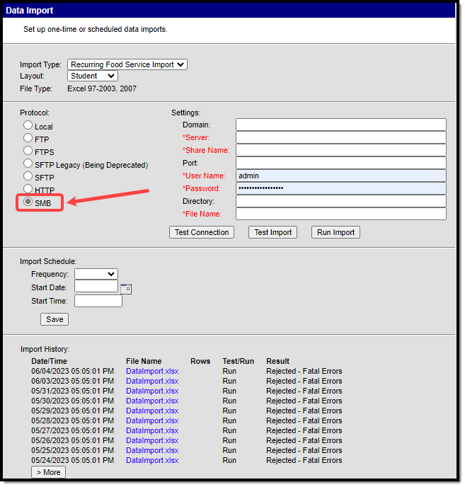 Screenshot indicating the location of the SMB protocol on the Data Import editor