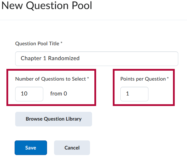 Identifies the Number of Questions field and the Points field.