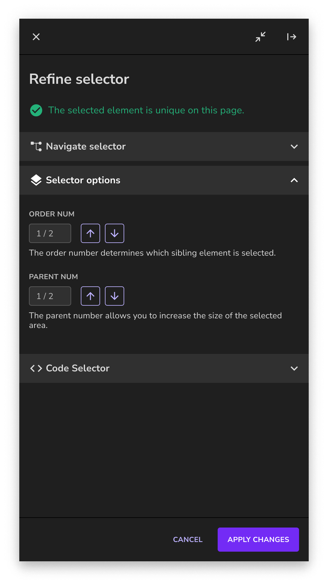 Refine selector section of the Userlane editor showing all options