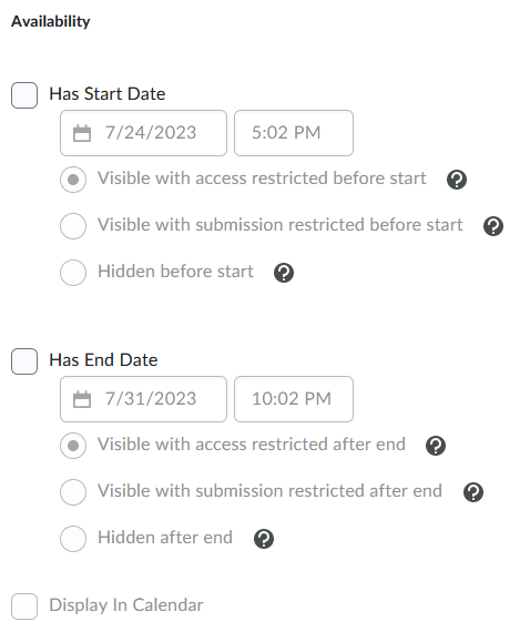 Shows Topic availability options
