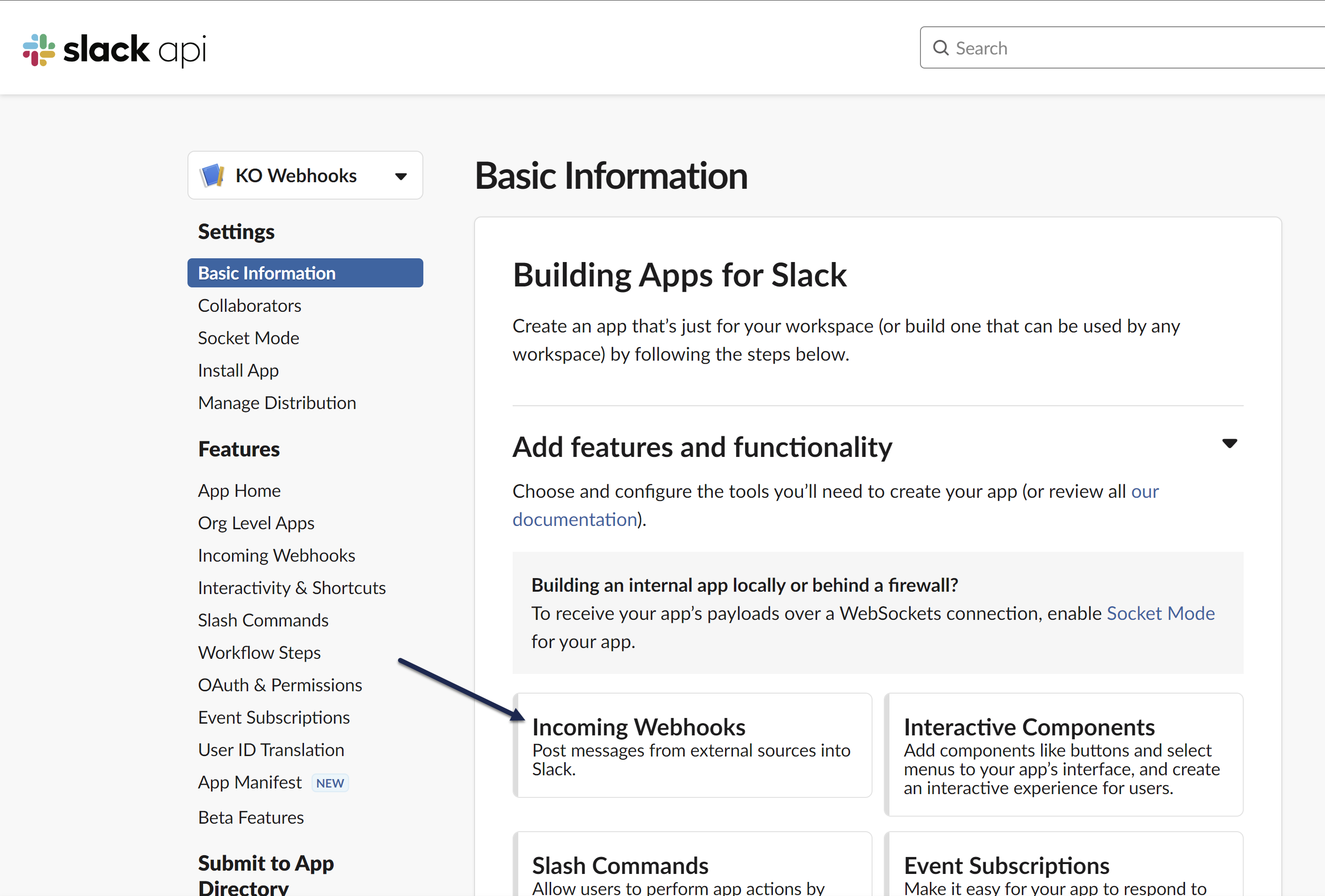 A screenshot of the Basic Information page of the Slack app with an arrow pointing to the Incoming Webhooks option in the Add features and functionality section