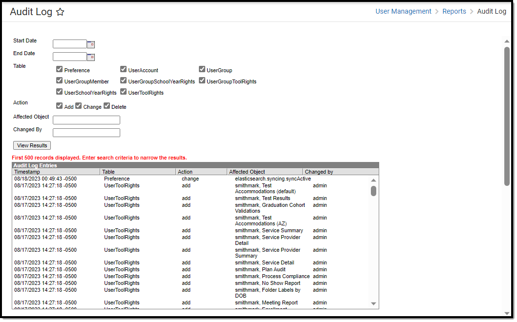 screenshot of the view audit log tool
