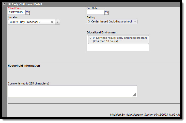 Screenshot of Early Childhood Detail editor with available fields displaying