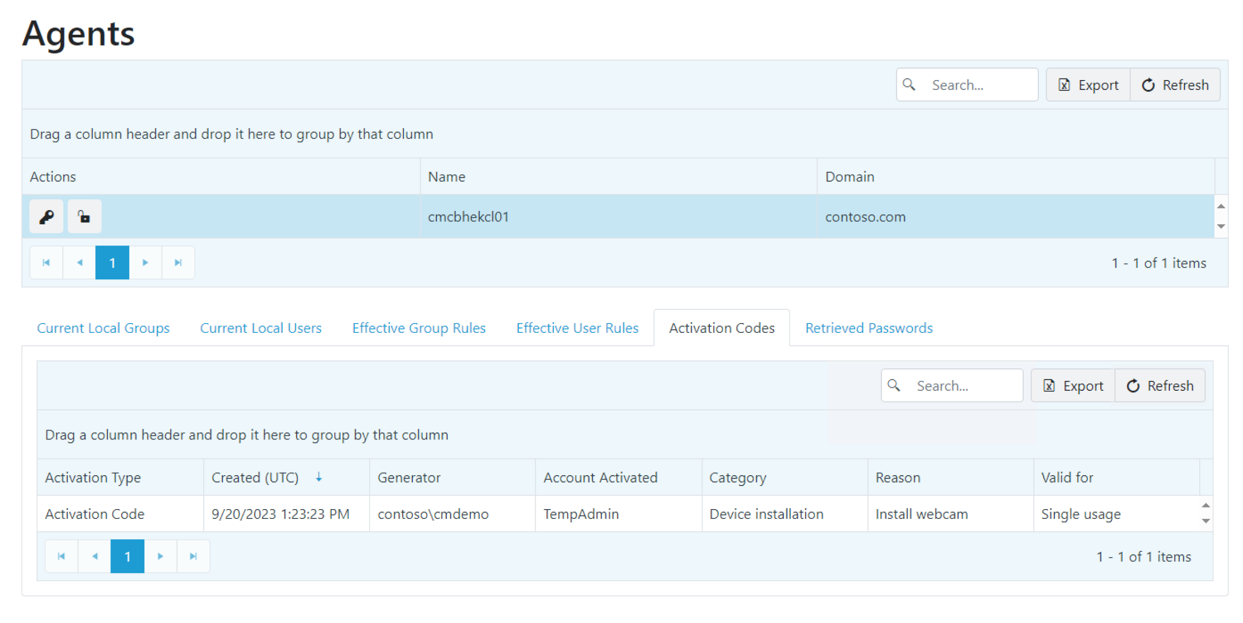 Privilege Manager Agents page with Activation Codes tab open