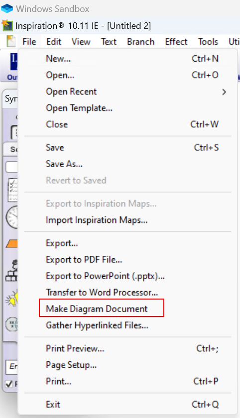 Inspiration file menu showing Make Diagram Document highlighted