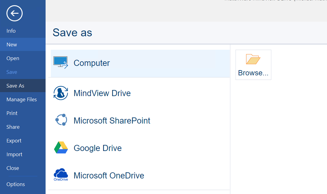 MindView File menu showing Save As option selected