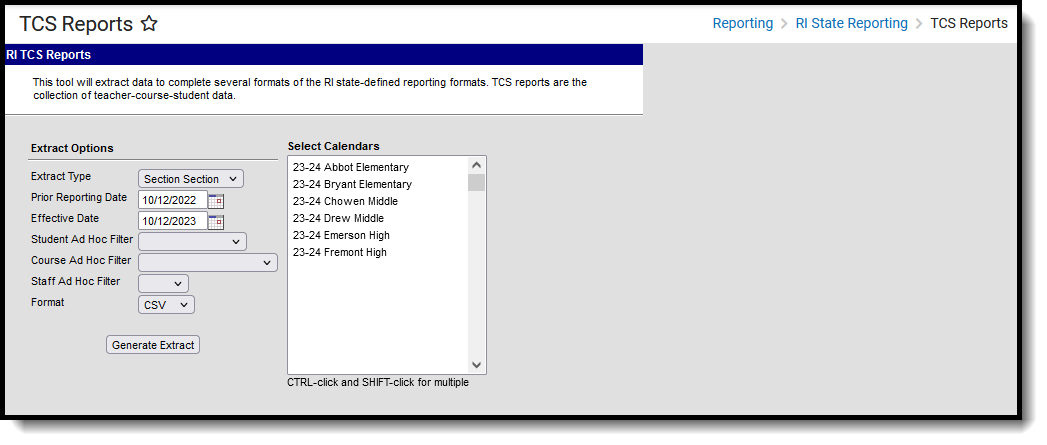Screenshot of the TCS Section Section Report editor, located at Reporting, RI State Reporting, TCS Reports.