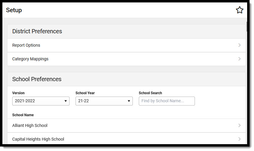 Screenshot of the CRDC Setup Tool with District and School Preferences displayed.