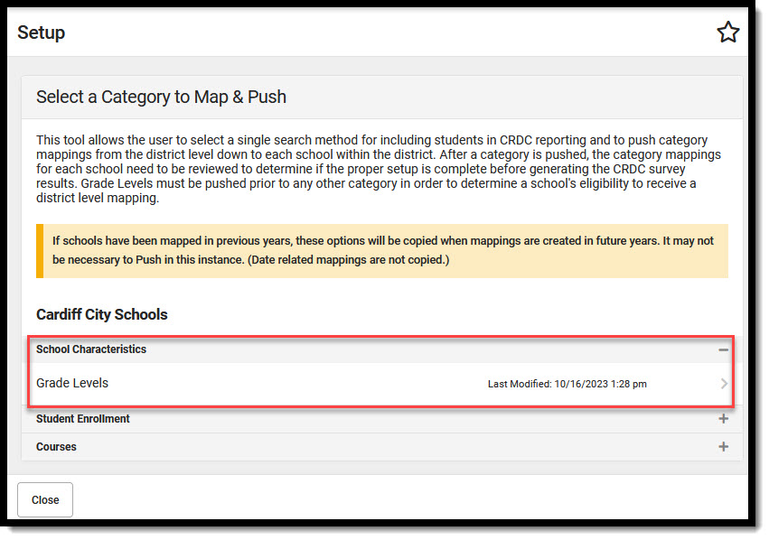 Screenshot of Setup screen for Category Map and Push with School Characteristics, Grade levels selected.