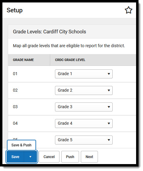 Screenshot of Grade Level Mapping screen with action buttons at the bottom of screen.