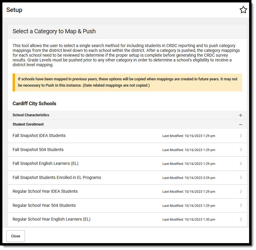 Screenshot of Category Map & Push Setup with list of Student Enrollment Mappings.