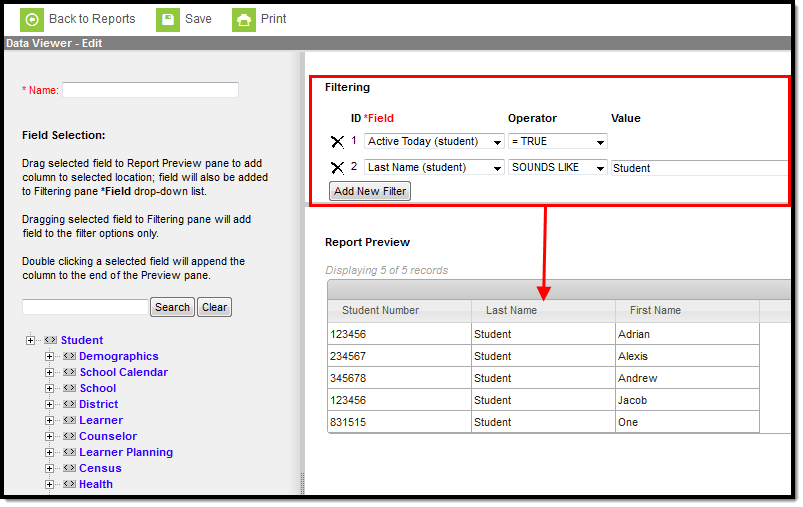 screenshot of the filtering options highlighted