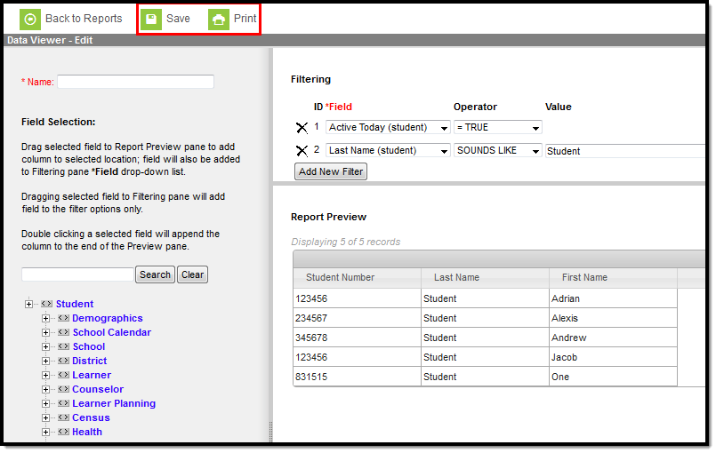 screenshot of the save and print buttons highlighted