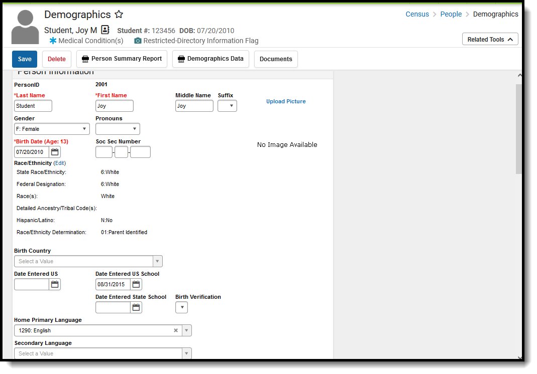 Screenshot of the Demographics editor.