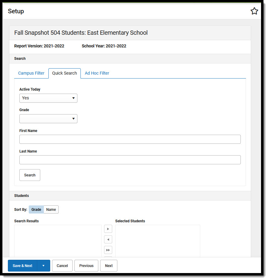 Screenshot showing quick search options for 504 students.