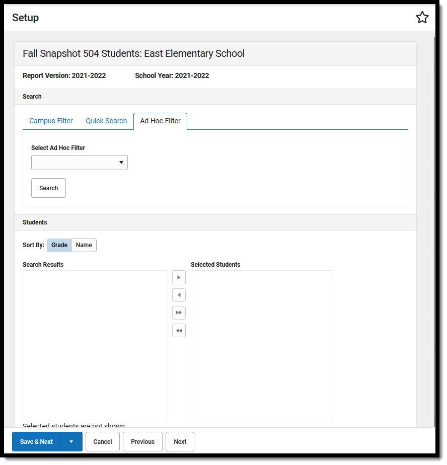Screenshot showing Ad Hoc Filter options for 504 students.