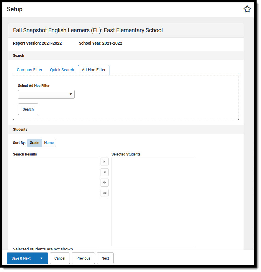 Screenshot showing Ad Hoc Filter options for English Learners.