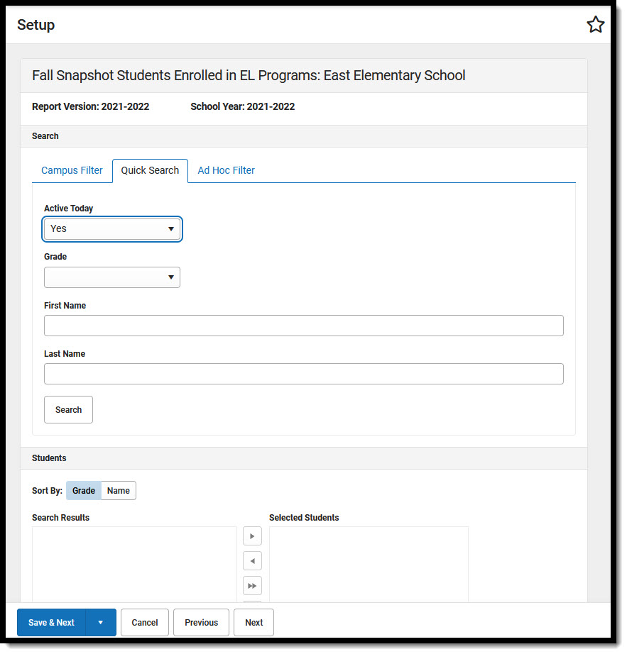 Screenshot of Quick Search options for students enrolled in EL programs.