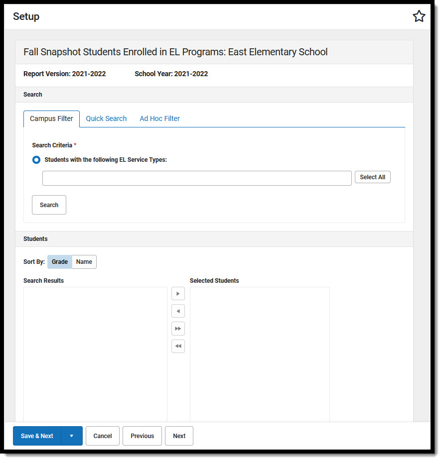 Screenshot showing ad hoc filter options for students enrolled in EL programs.
