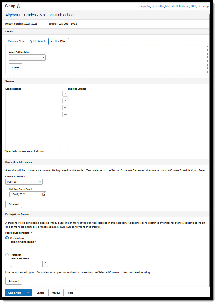 Screenshot of Ad Hoc Filter options for Course Mapping.