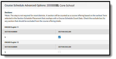 Screenshot of Course Schedule Advanced Options. 