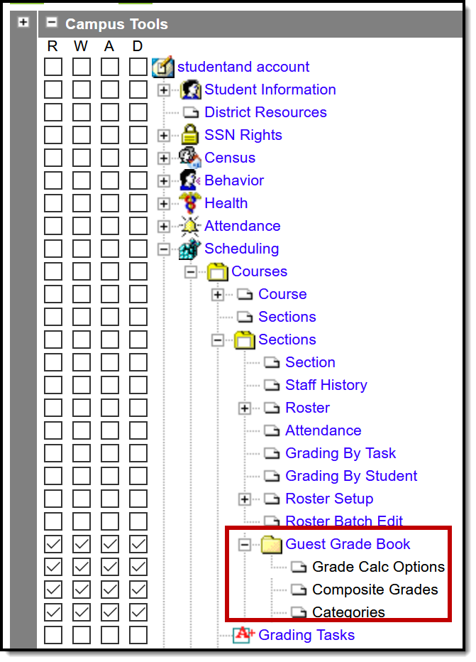 Screenshot highlighting the guest grade book tool rights in the classic view of Campus. 