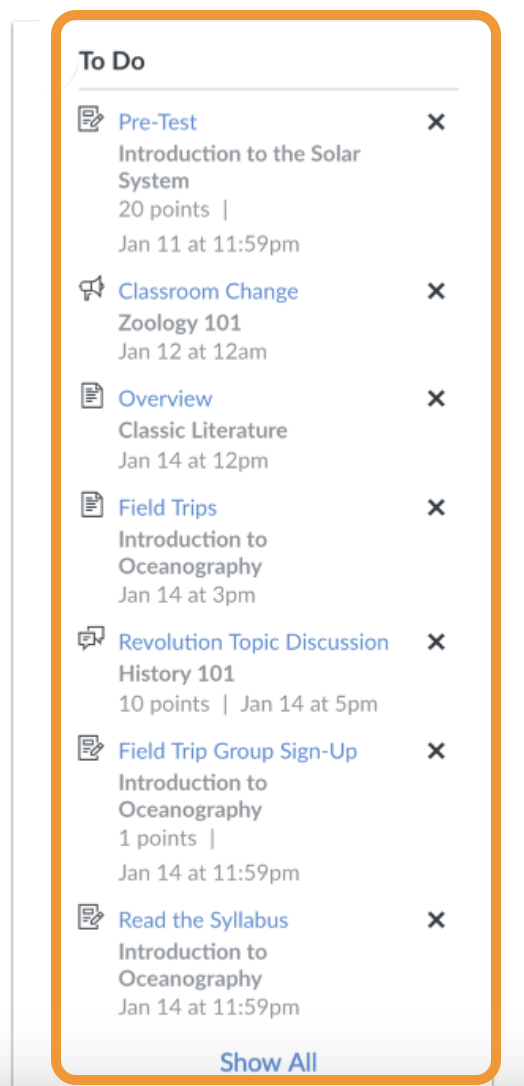 An image of the To Do list. The list shows the various types of tasks you can have on the list, including Announcements, Assignments, and Discussions.