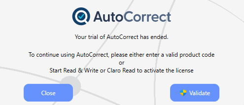 screenshot of the message that appears when AutoCorrect's trial ends asking the user to validate