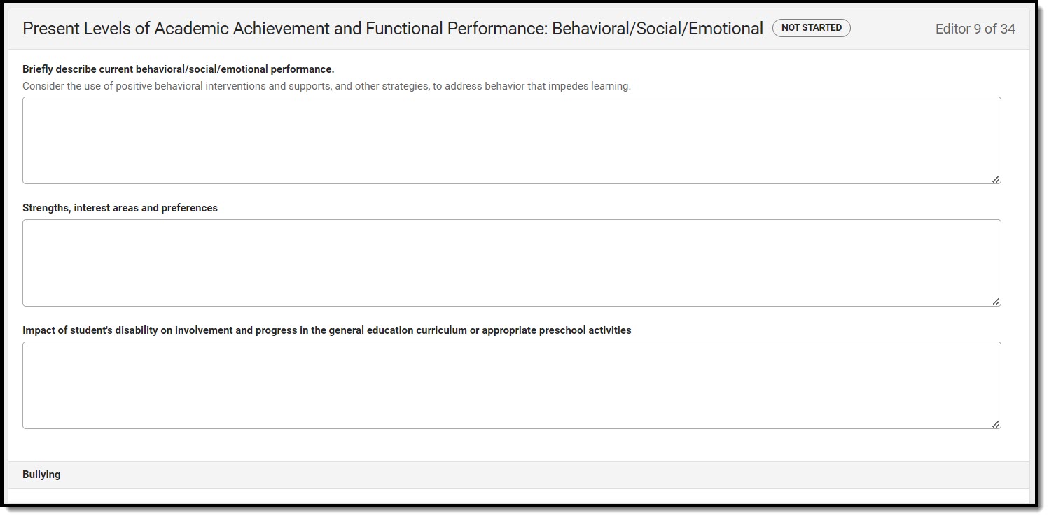 Screenshot of the Present Levels of Academic Achievement and Functional Performance: Behavioral/Social/Emotional Editor.